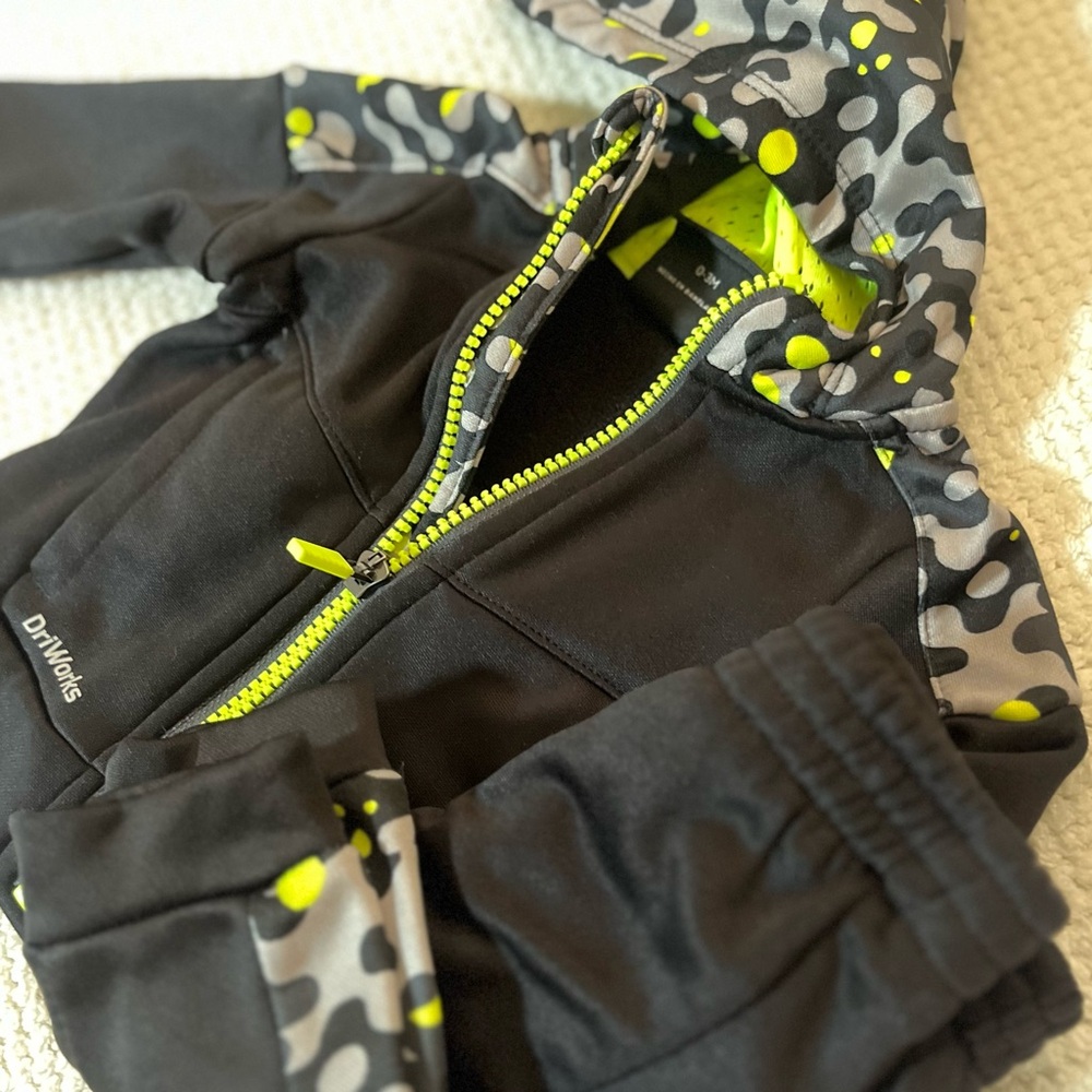 Dri Works Baby Track Suit-Black and Neon Green Camo Full Zip Hoodie,Pants -0-3 m